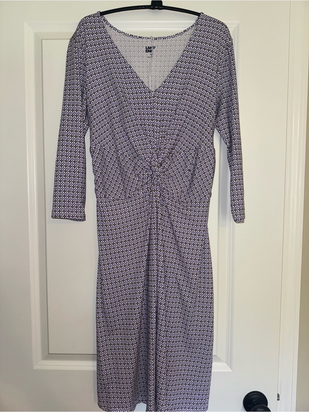 Lands End XS Geometric Print Twist Front V-Neck 3/4 Sleeve Jersey Dress